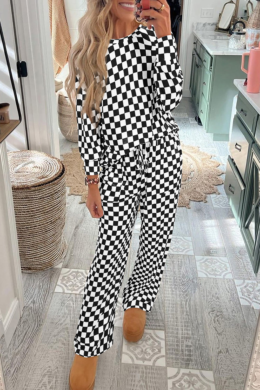 Black Checkered Print Long Sleeve Loose Fit Pajama Set - Black / S - Loungewear Set