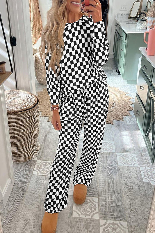 Black Checkered Print Long Sleeve Loose Fit Pajama Set - Black / S - Loungewear Set