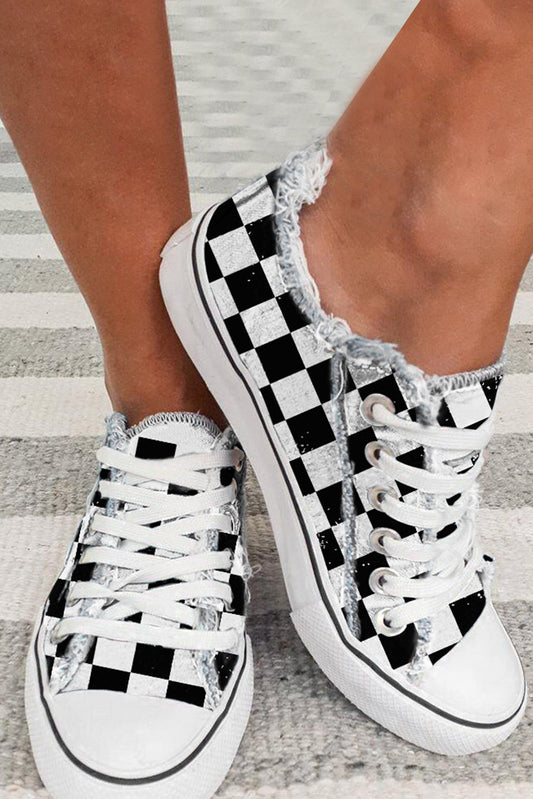 Black Checkered Print Raw Edge Lace-up Canvas Sneakers - MAD RUFFI