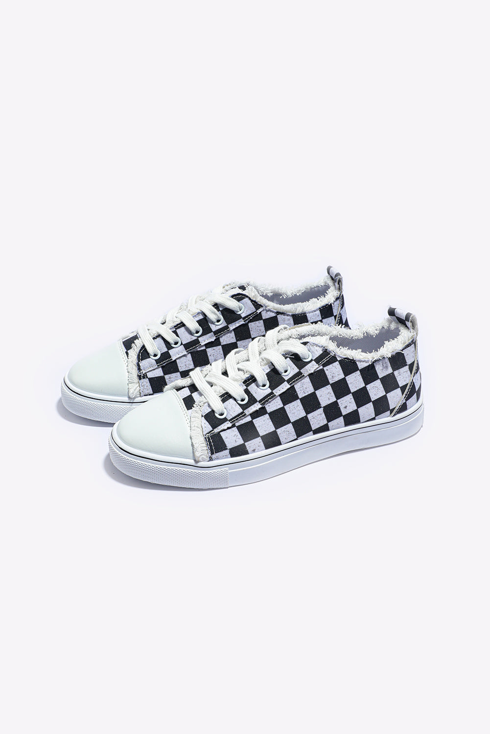 Black Checkered Print Raw Edge Lace-up Canvas Sneakers - MAD RUFFI