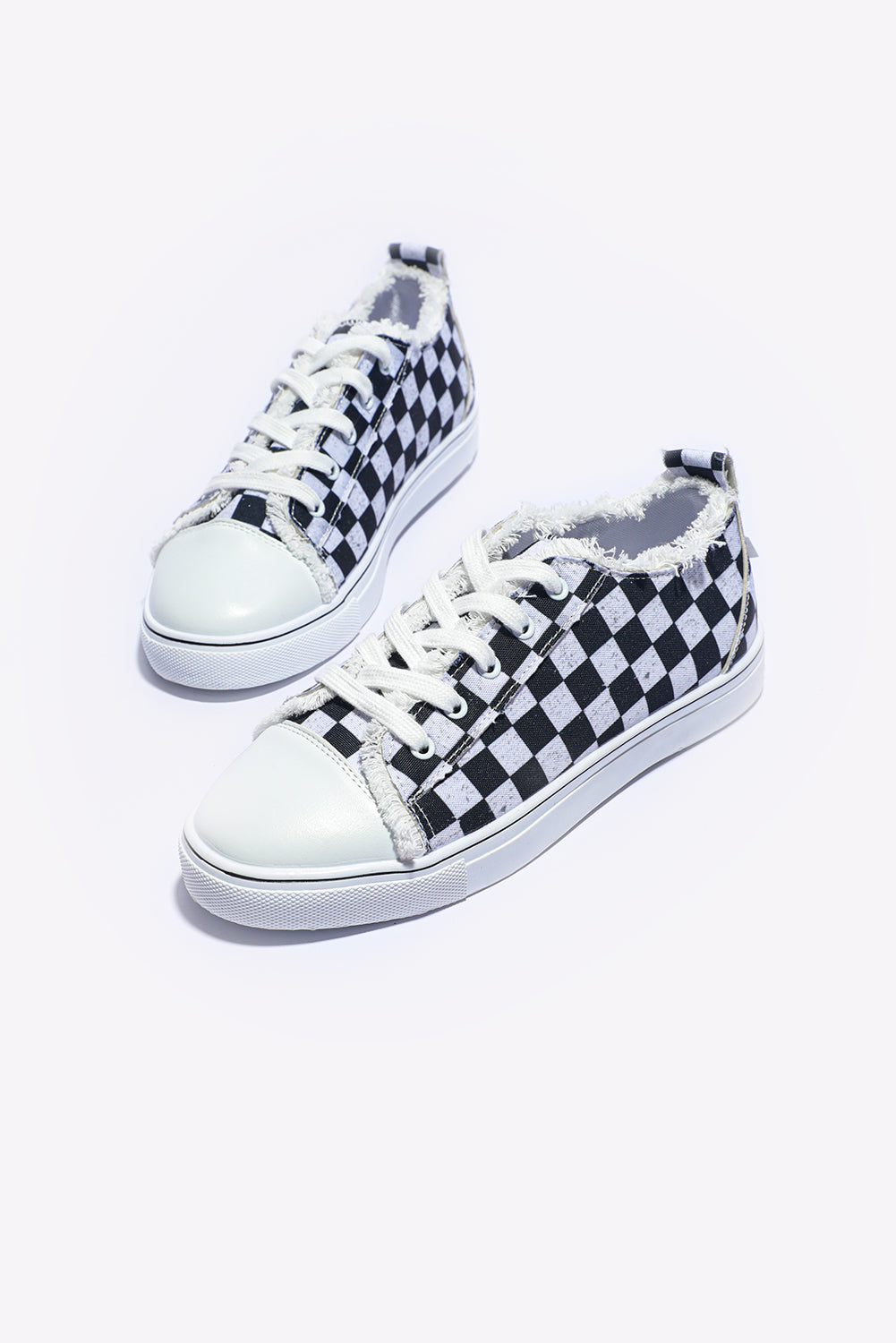 Black Checkered Print Raw Edge Lace-up Canvas Sneakers - MAD RUFFI