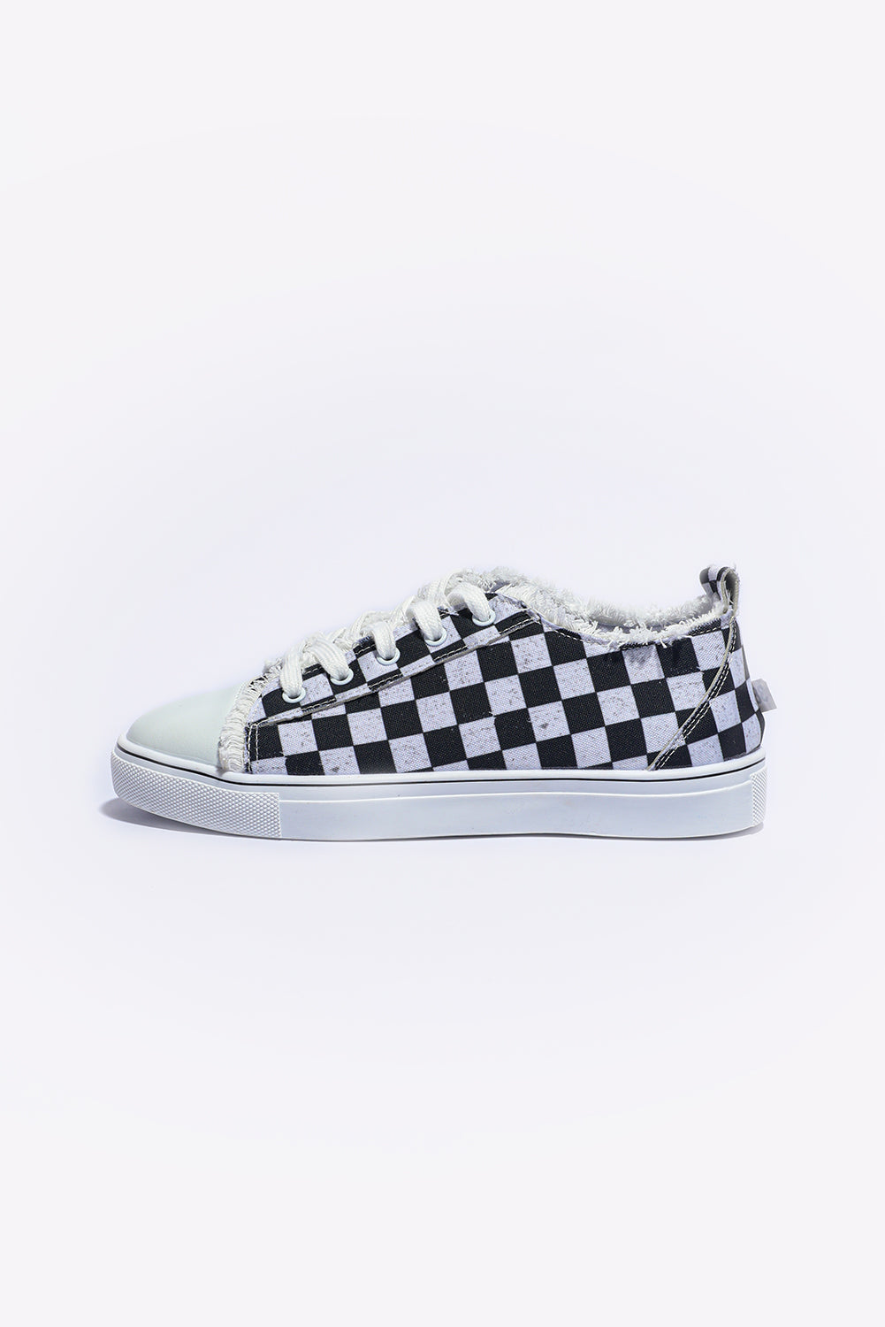 Black Checkered Print Raw Edge Lace-up Canvas Sneakers - MAD RUFFI