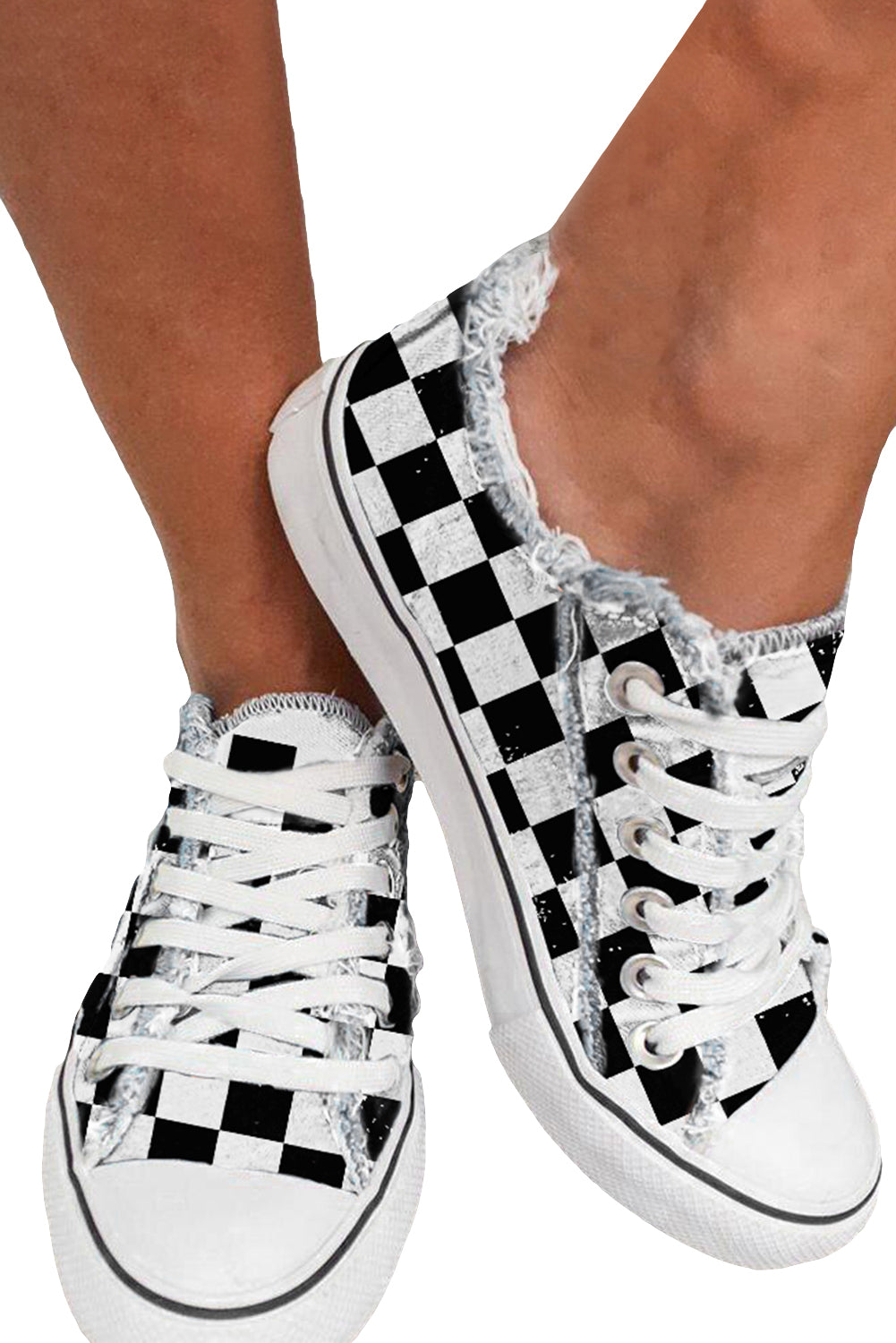 Black Checkered Print Raw Edge Lace-up Canvas Sneakers - MAD RUFFI