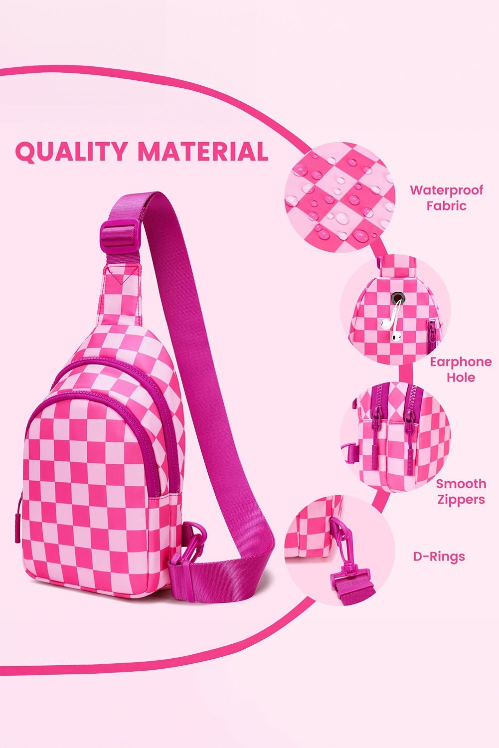 Black Checkered Print Zip Front Crossbody Bag - MAD RUFFI