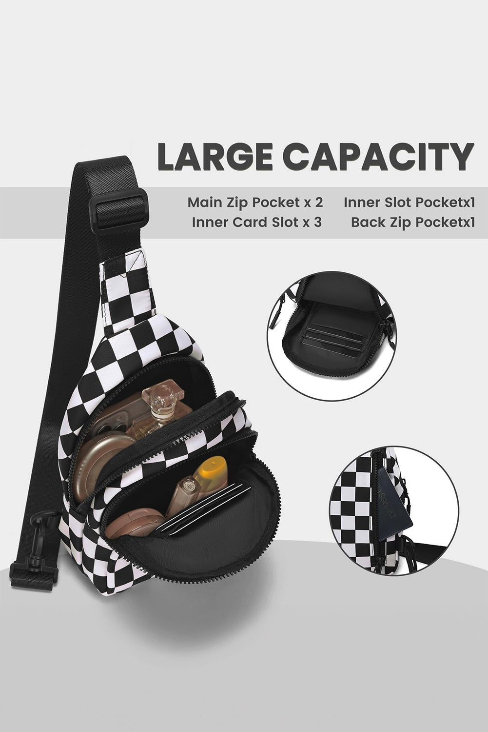 Black Checkered Print Zip Front Crossbody Bag - MAD RUFFI