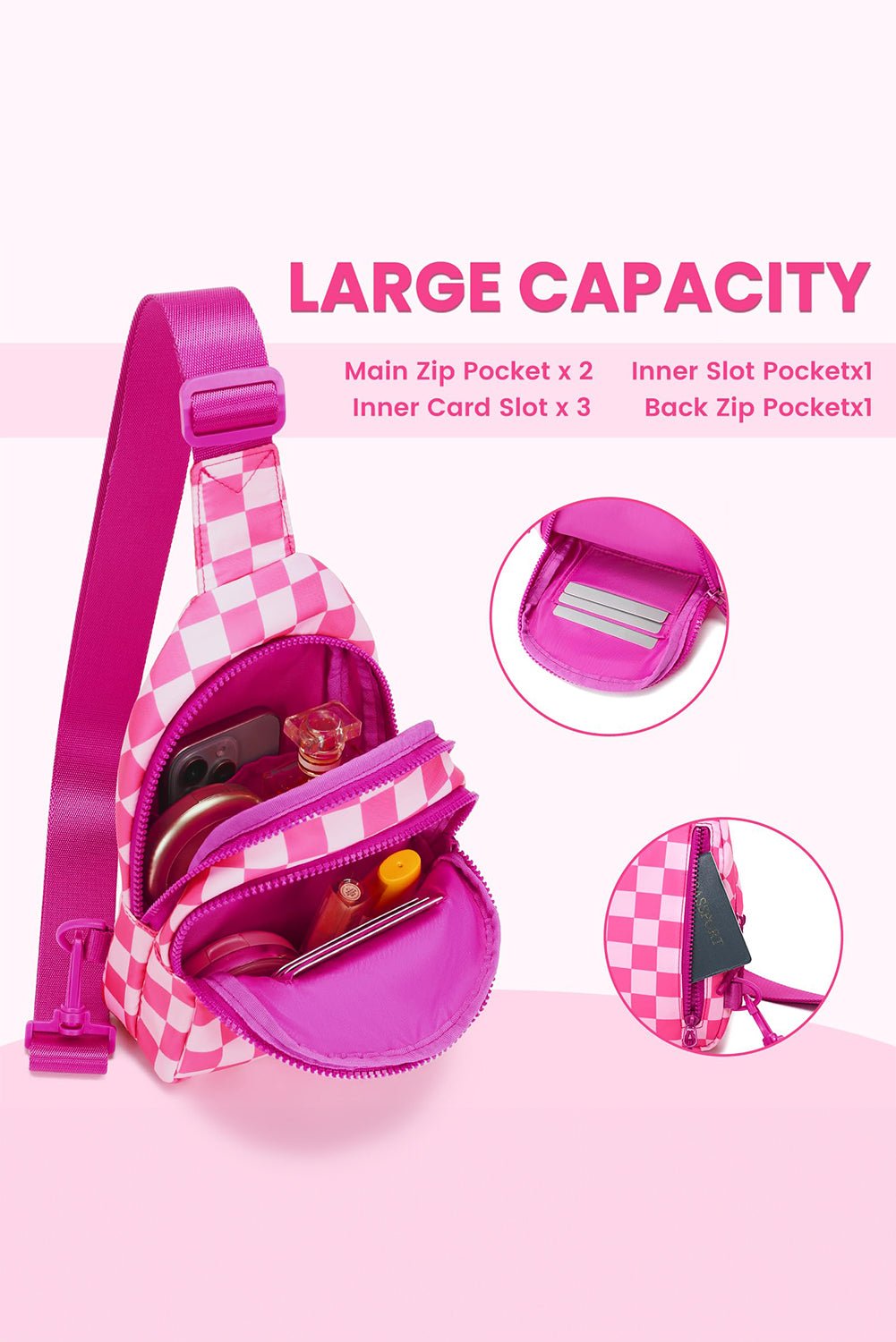 Black Checkered Print Zip Front Crossbody Bag - MAD RUFFI