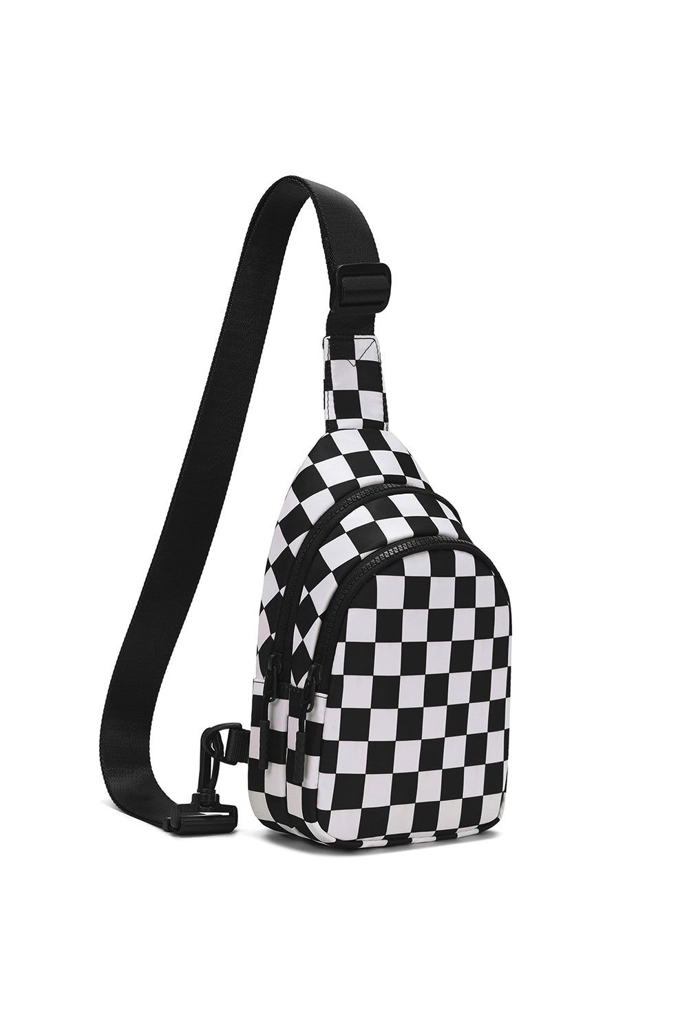 Black Checkered Print Zip Front Crossbody Bag - MAD RUFFI