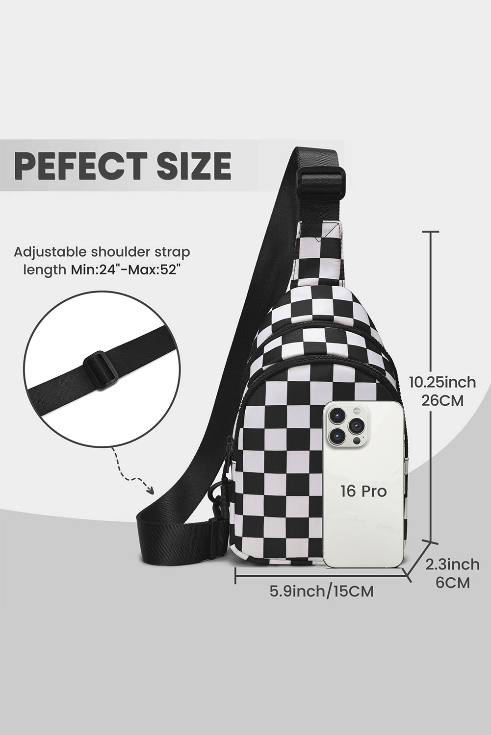 Black Checkered Print Zip Front Crossbody Bag - MAD RUFFI