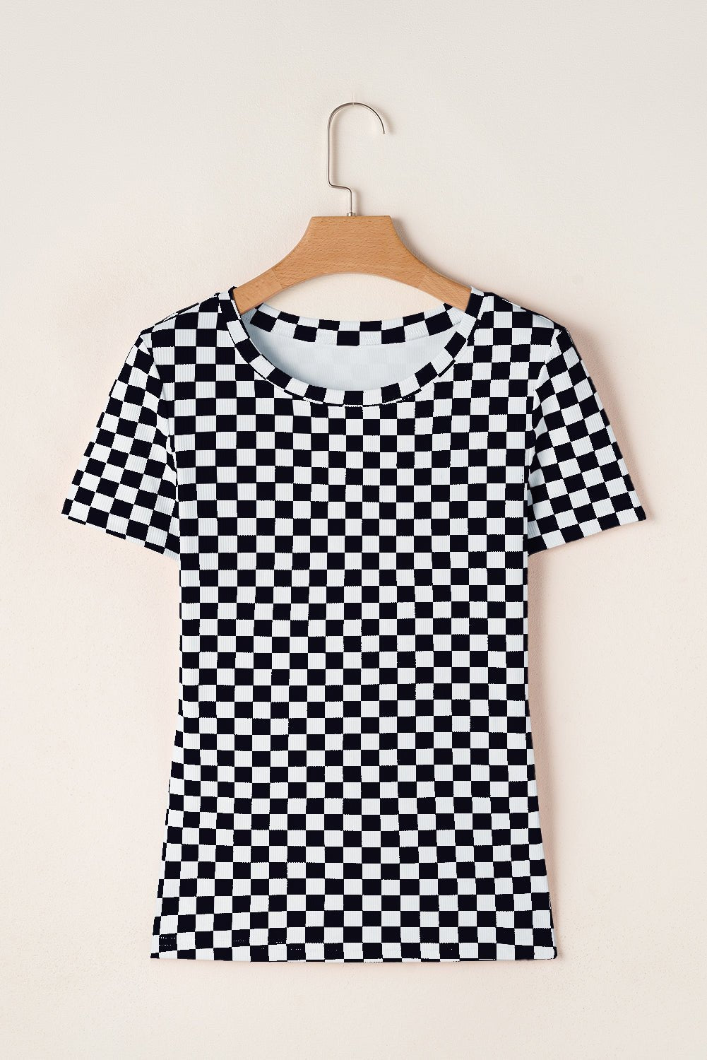 Black Checkered Ribbed Slim Fit Crew Neck T-Shirt - MAD RUFFI