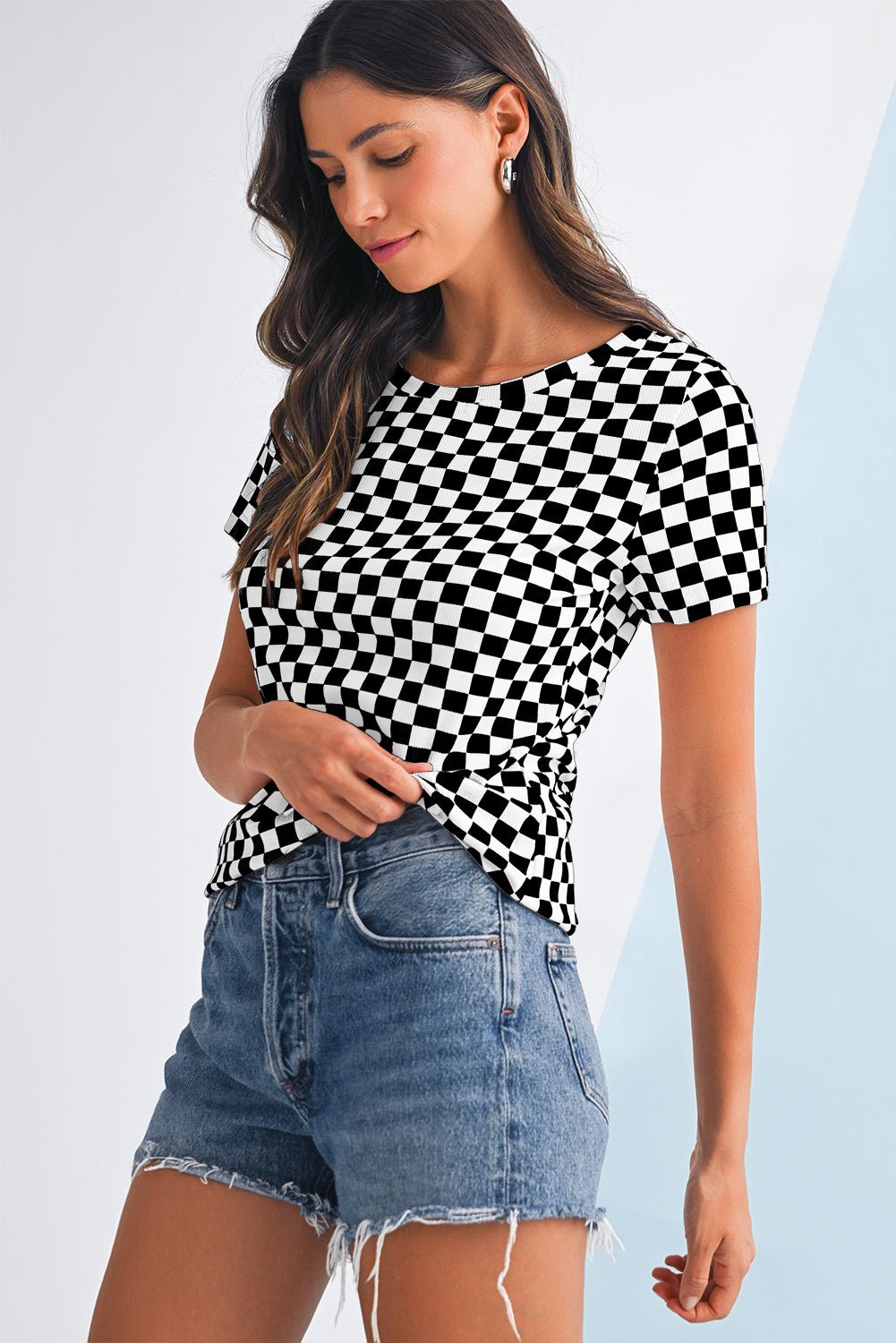 Black Checkered Ribbed Slim Fit Crew Neck T-Shirt - MAD RUFFI