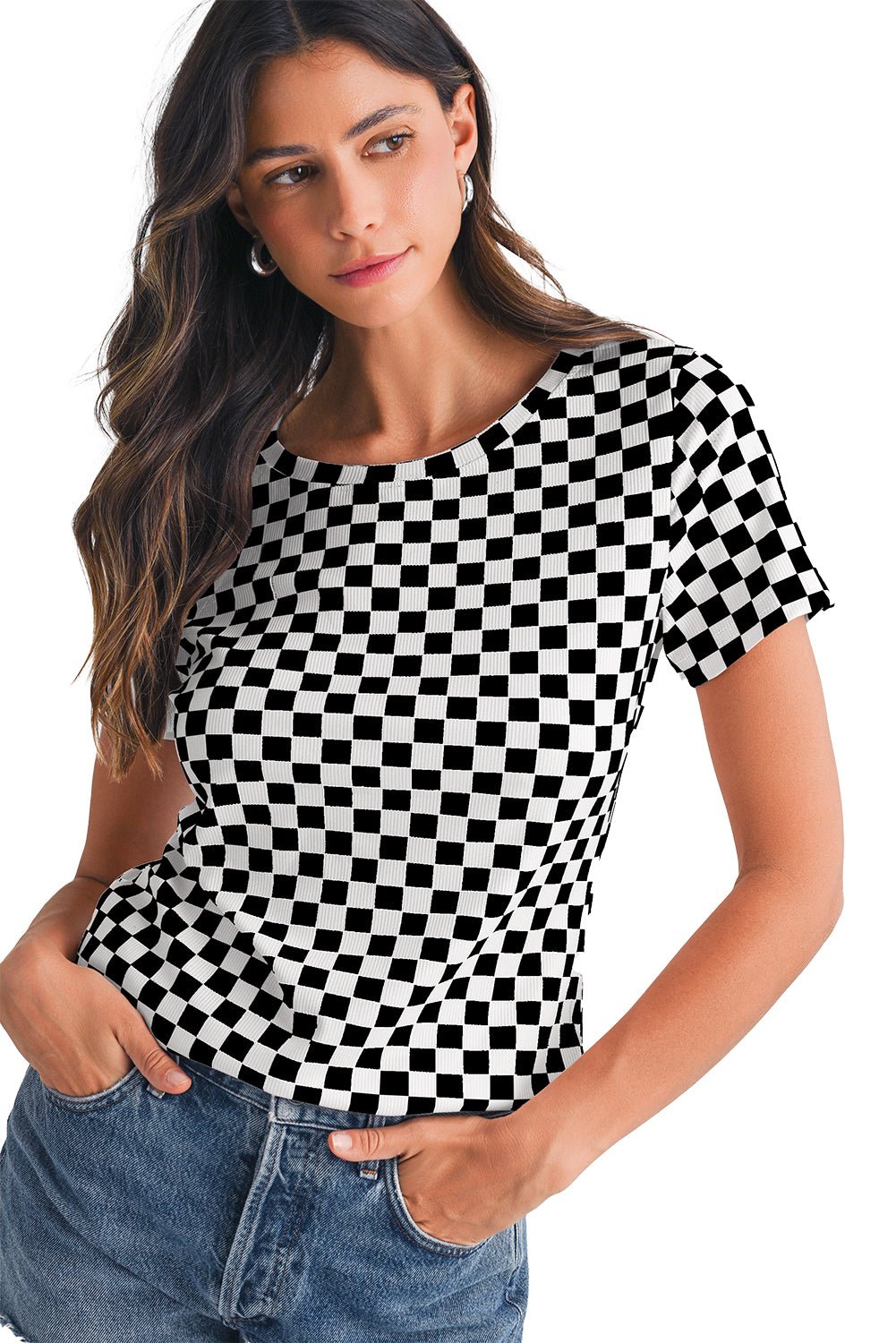 Black Checkered Ribbed Slim Fit Crew Neck T-Shirt - MAD RUFFI