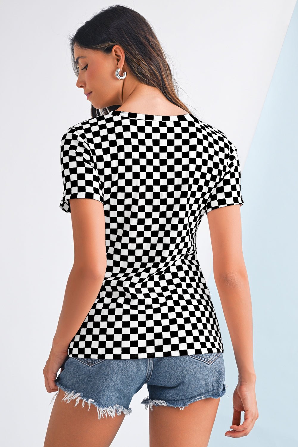 Black Checkered Ribbed Slim Fit Crew Neck T-Shirt - MAD RUFFI