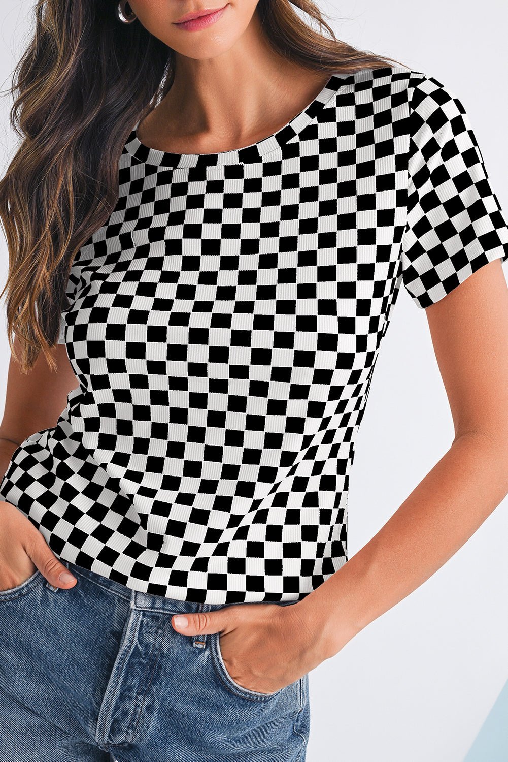 Black Checkered Ribbed Slim Fit Crew Neck T-Shirt - MAD RUFFI