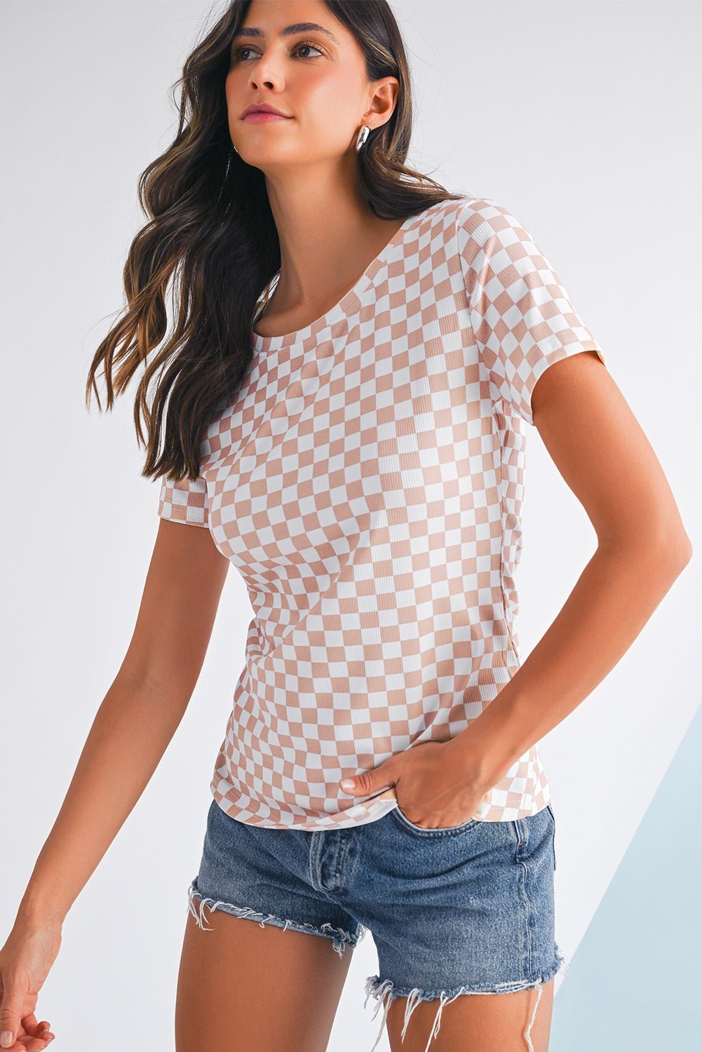 Black Checkered Ribbed Slim Fit Crew Neck T-Shirt - MAD RUFFI