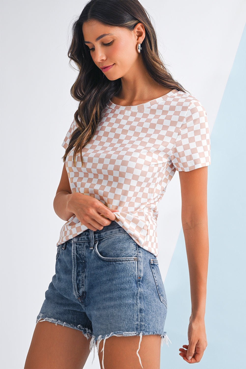 Black Checkered Ribbed Slim Fit Crew Neck T-Shirt - MAD RUFFI