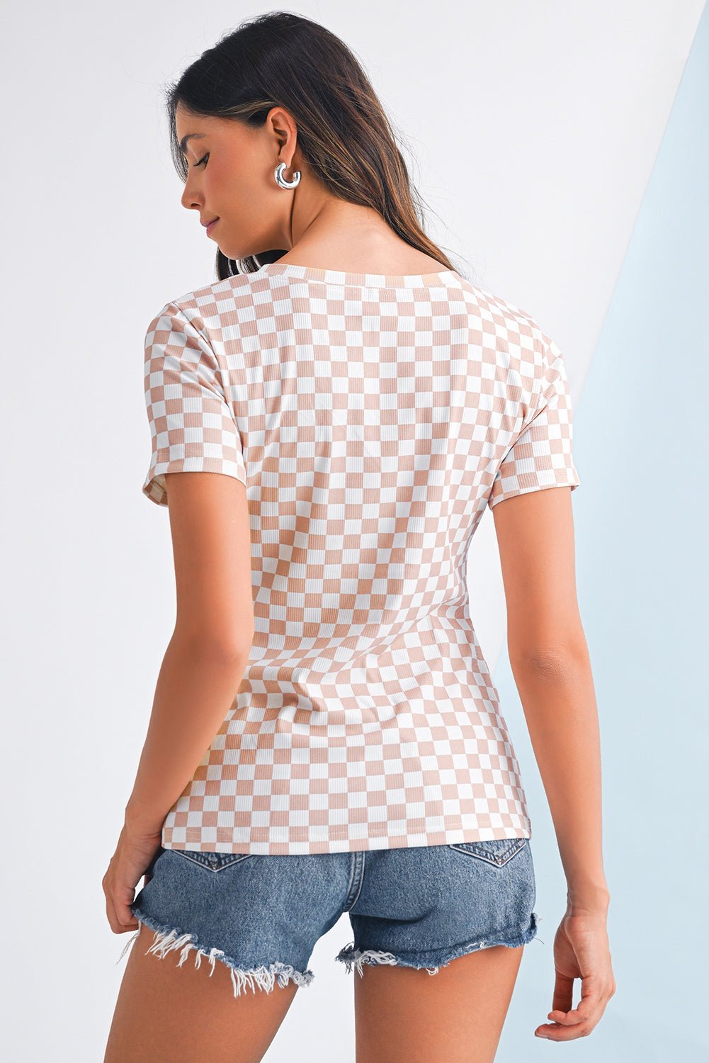 Black Checkered Ribbed Slim Fit Crew Neck T-Shirt - MAD RUFFI