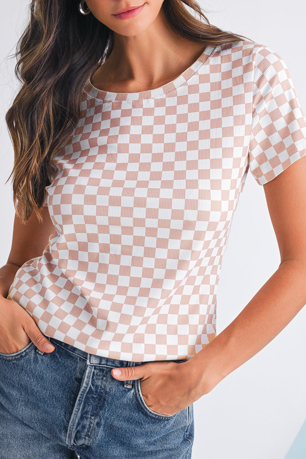 Black Checkered Ribbed Slim Fit Crew Neck T-Shirt - MAD RUFFI