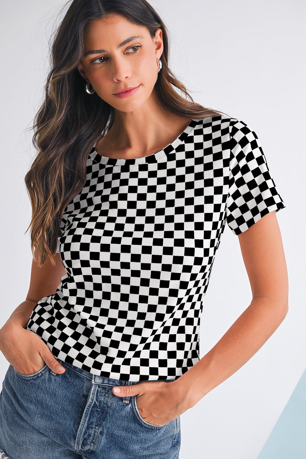 Black Checkered Ribbed Slim Fit Crew Neck T-Shirt - MAD RUFFI