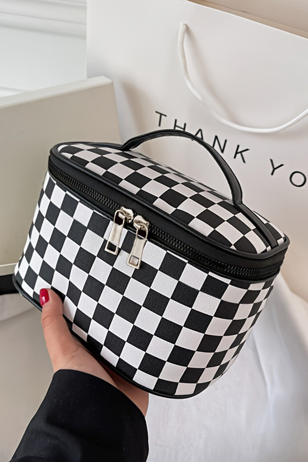 Black Checkered Zipper Large Cosmetic Bag with Handle - MAD RUFFI