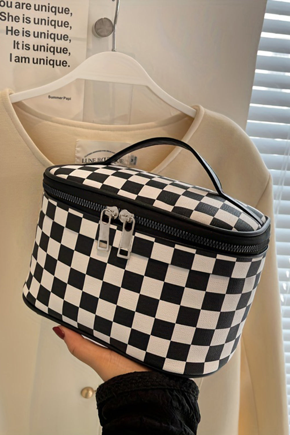 Black Checkered Zipper Large Cosmetic Bag with Handle - MAD RUFFI