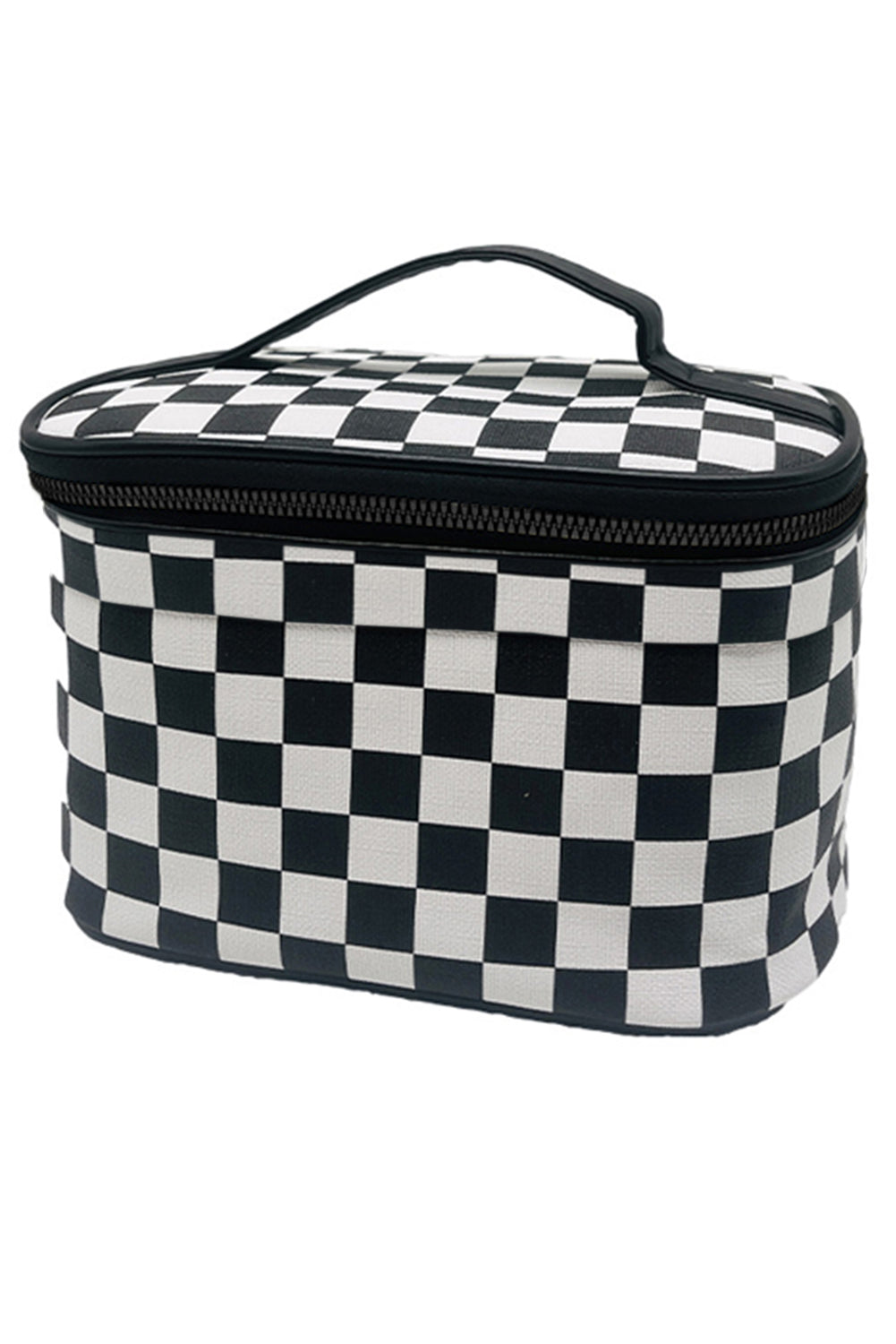 Black Checkered Zipper Large Cosmetic Bag with Handle - MAD RUFFI