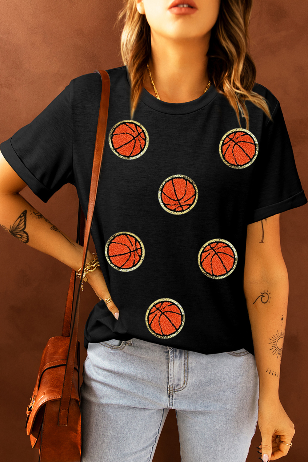 Black Chenille Basketball Patched Crewneck Game Day Tee - MAD RUFFI