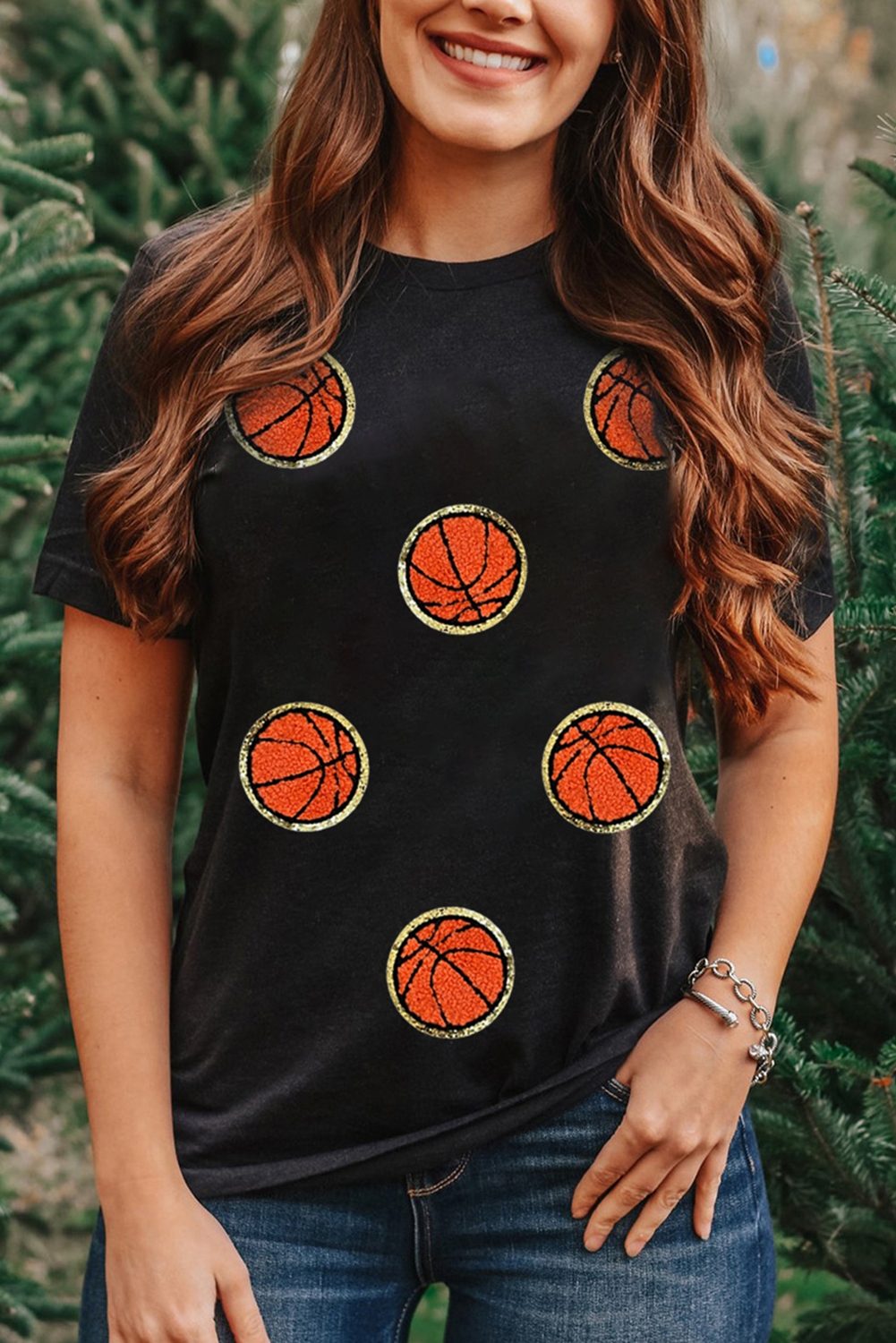 Black Chenille Basketball Patched Crewneck Game Day Tee - MAD RUFFI