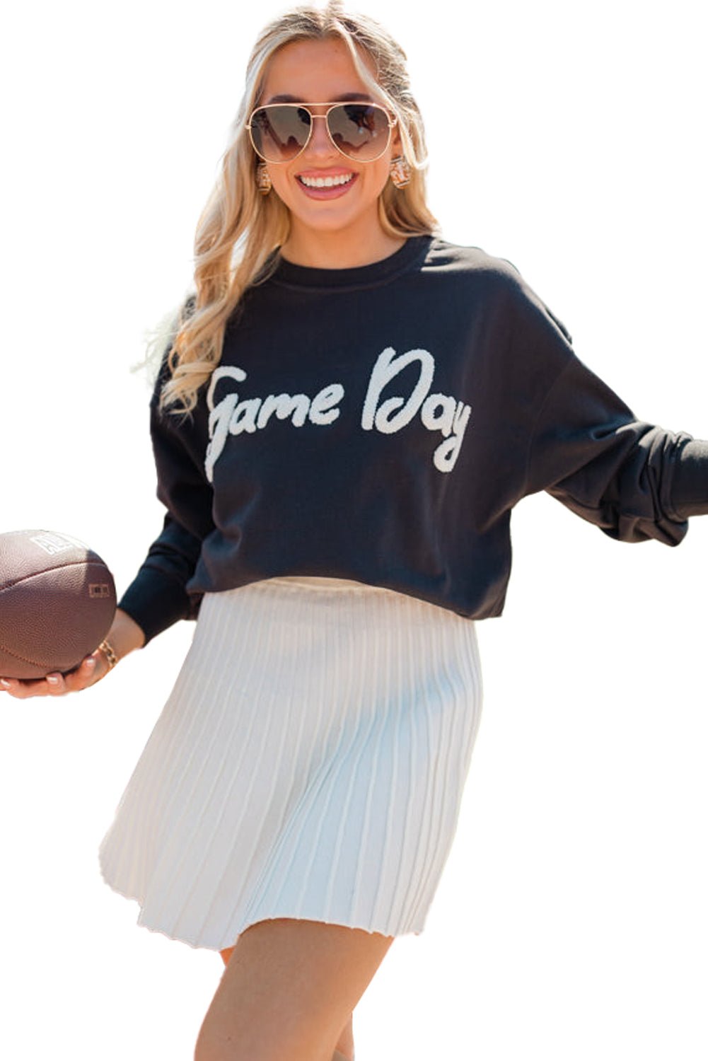 Black Chenille Game Day Letter Patched Drop Shoulder Sweatshirt - MAD RUFFI