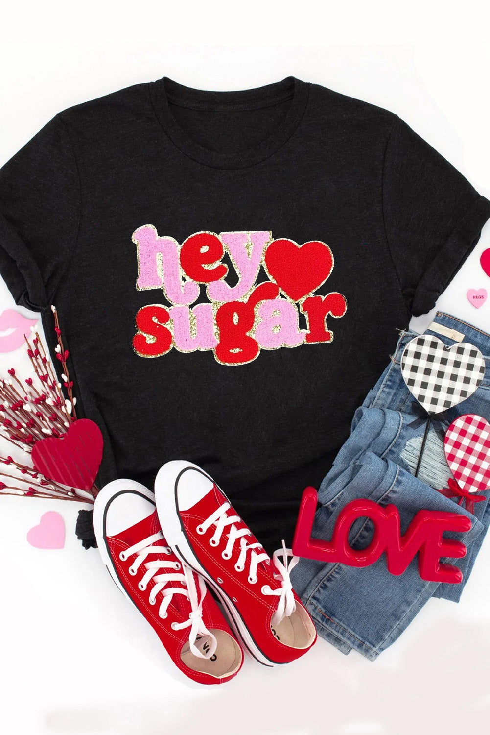 Black Chenille Heart hey sugar Patched Crewneck Valentines Tee - Graphic Tees