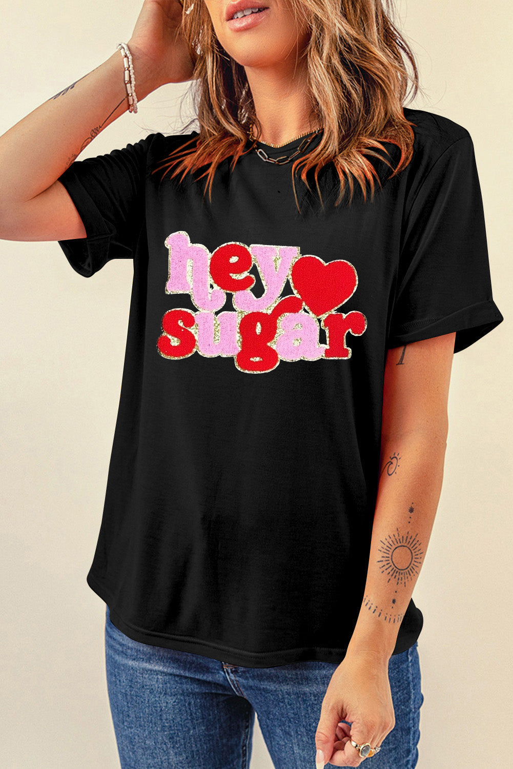 Black Chenille Heart hey sugar Patched Crewneck Valentines Tee - Graphic Tees