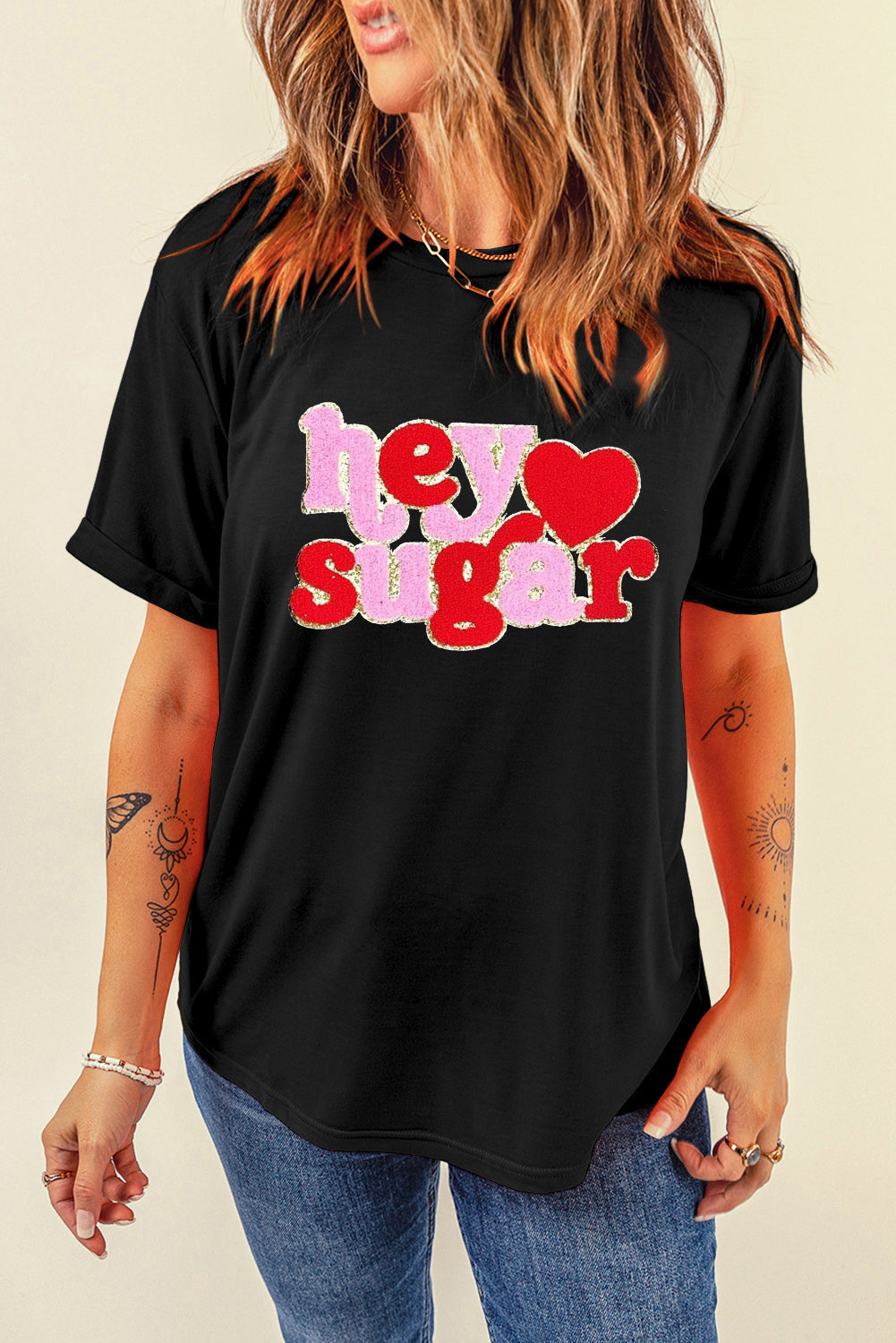 Black Chenille Heart hey sugar Patched Crewneck Valentines Tee - Graphic Tees