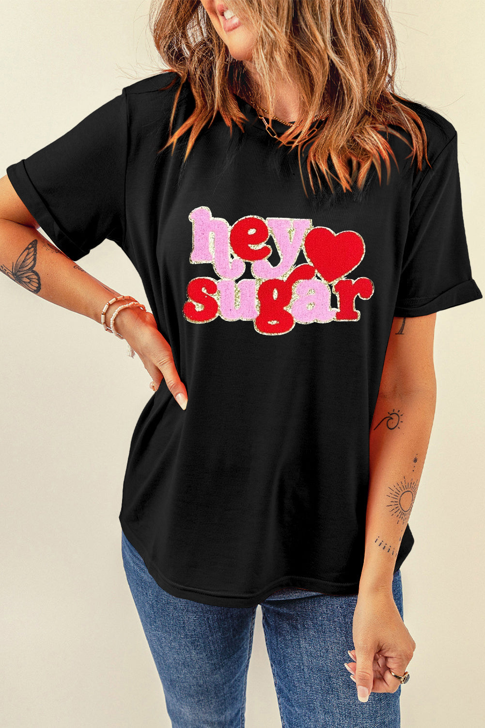 Black Chenille Heart hey sugar Patched Crewneck Valentines Tee - Graphic Tees