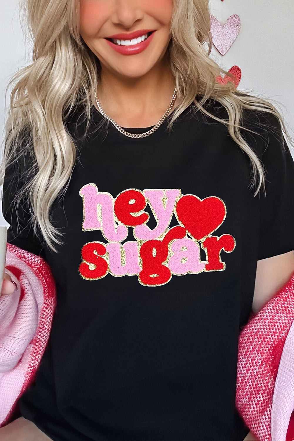 Black Chenille Heart hey sugar Patched Crewneck Valentines Tee - Black / S - Graphic Tees