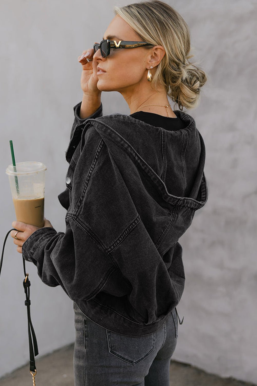 Black Chest Pocket Drop Shoulder Hooded Denim Jacket - MAD RUFFI