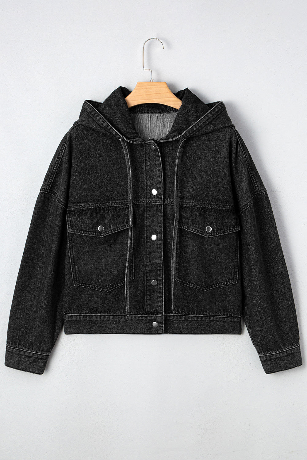Black Chest Pocket Drop Shoulder Hooded Denim Jacket - MAD RUFFI
