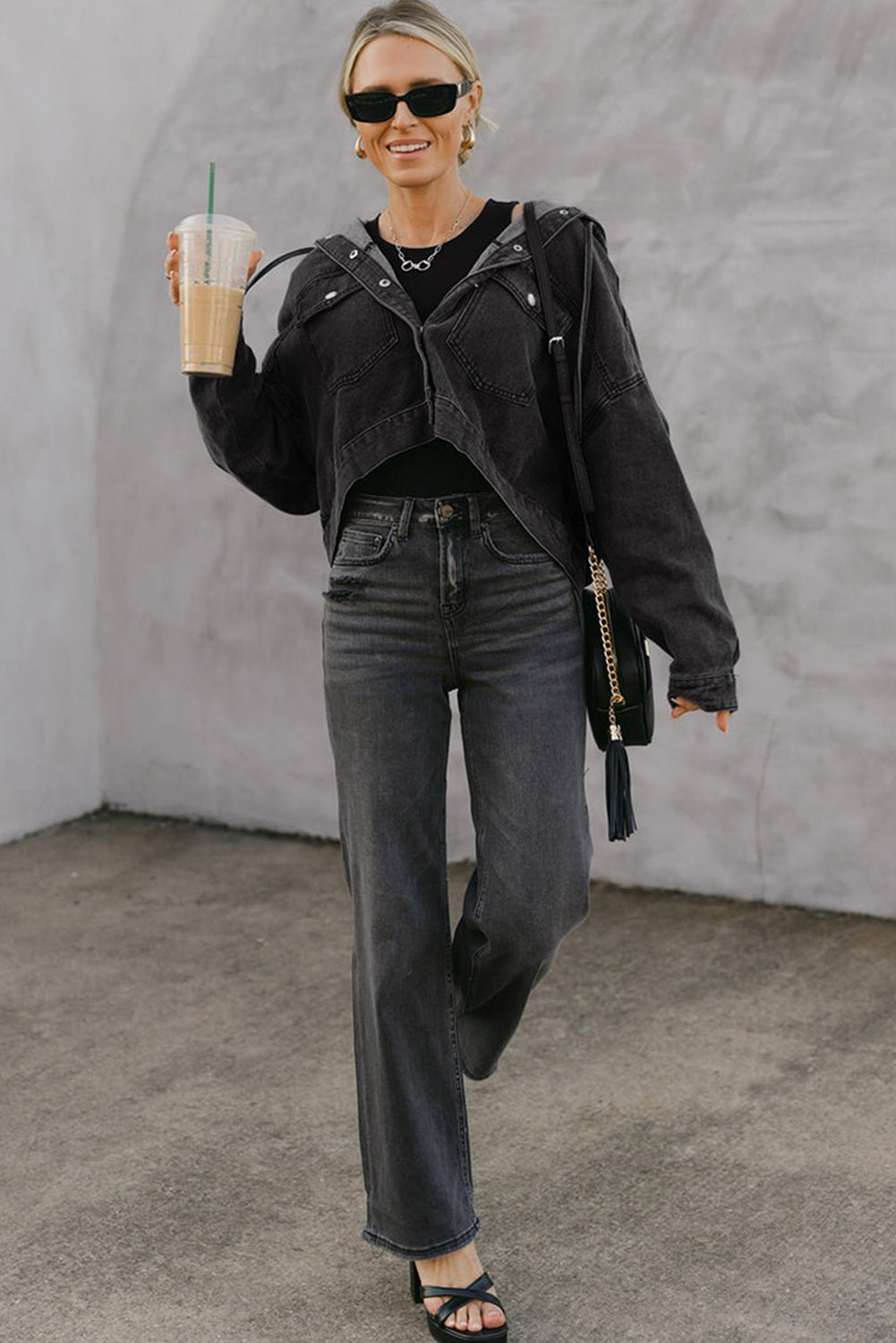 Black Chest Pocket Drop Shoulder Hooded Denim Jacket - MAD RUFFI