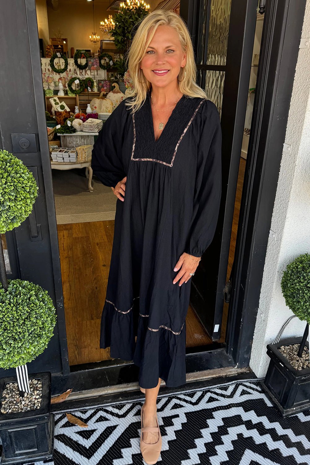 Black Collared V Neck Shirred Detail Contrast Leopard Trim Long Dress - MAD RUFFI