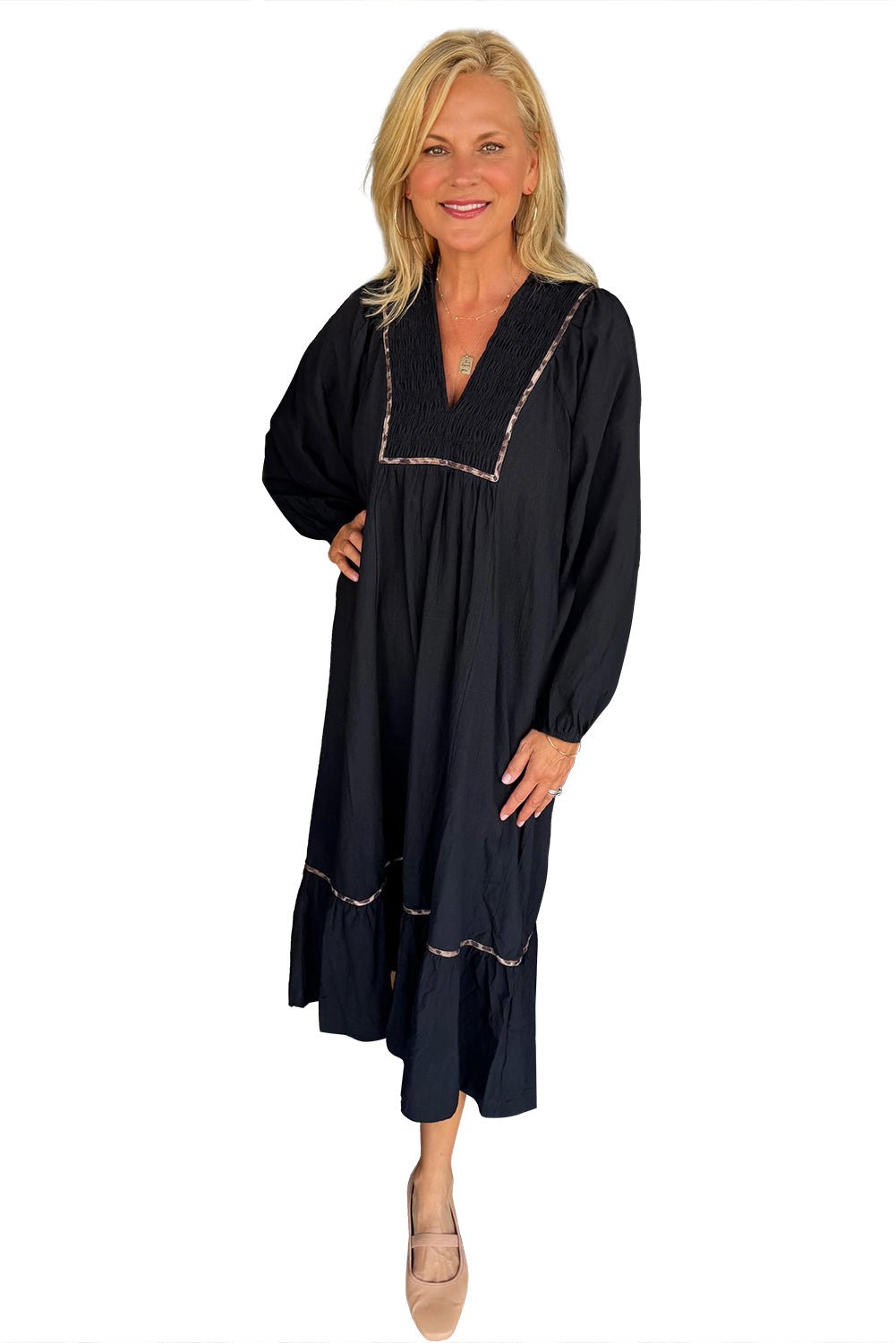 Black Collared V Neck Shirred Detail Contrast Leopard Trim Long Dress - MAD RUFFI