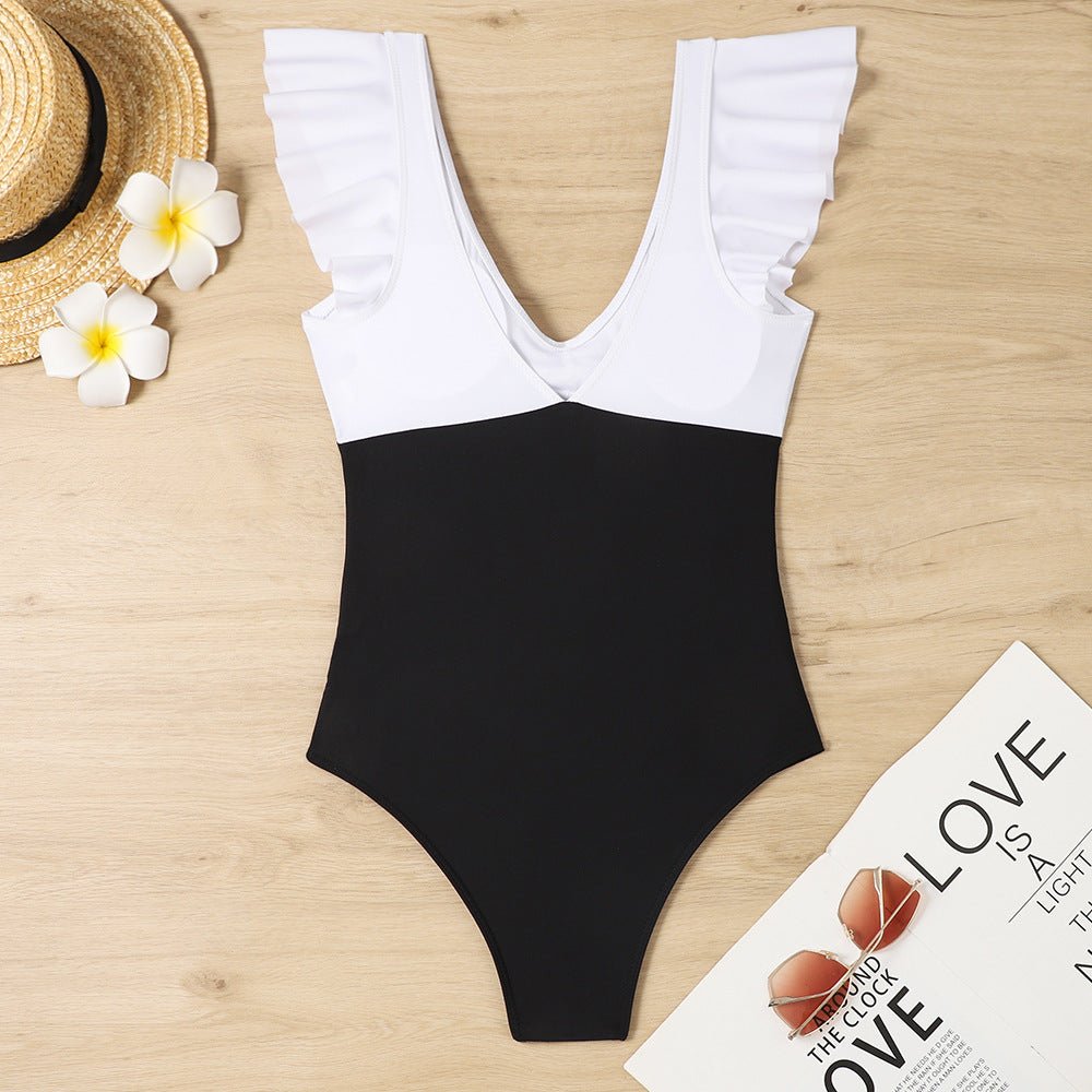 Black Color Block Cut Out Criss Cross One Piece Swimsuit - MAD RUFFI