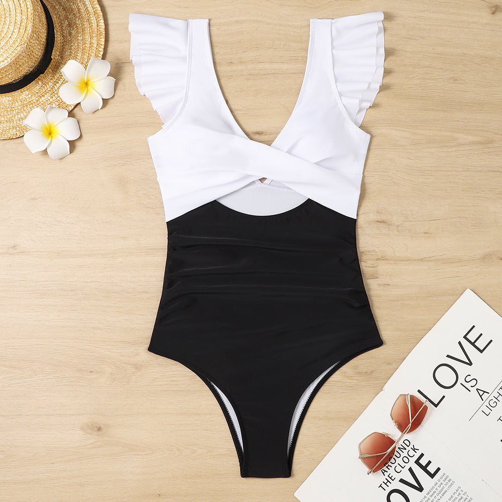 Black Color Block Cut Out Criss Cross One Piece Swimsuit - MAD RUFFI