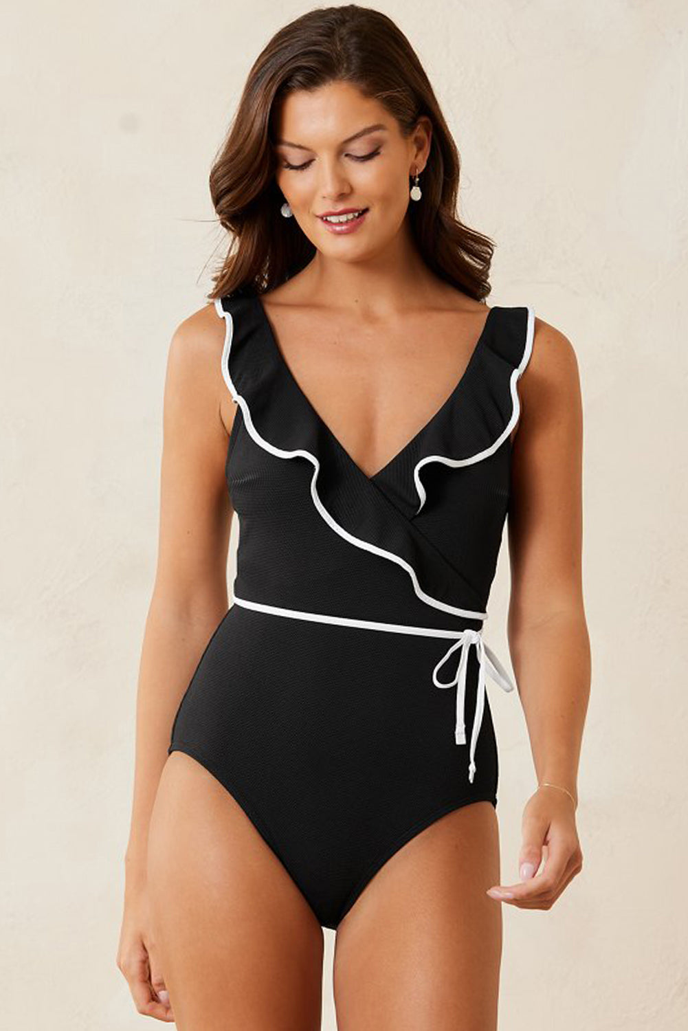 Black Color Contrast Ruffled Wrap V Neck Swimsuit - MAD RUFFI