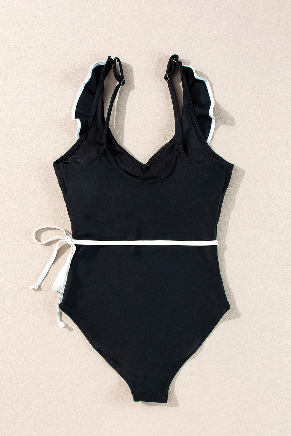 Black Color Contrast Ruffled Wrap V Neck Swimsuit - MAD RUFFI