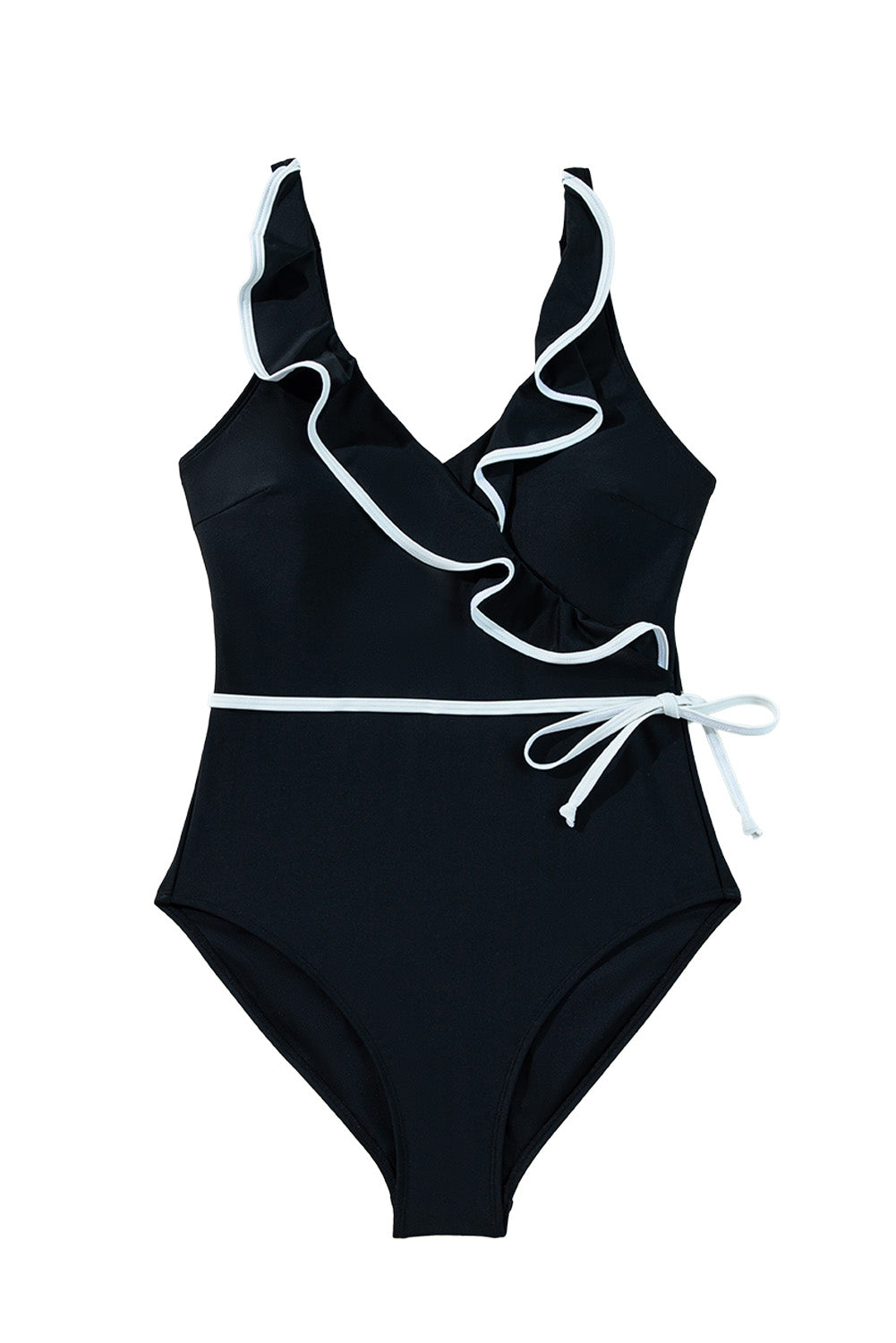 Black Color Contrast Ruffled Wrap V Neck Swimsuit - MAD RUFFI