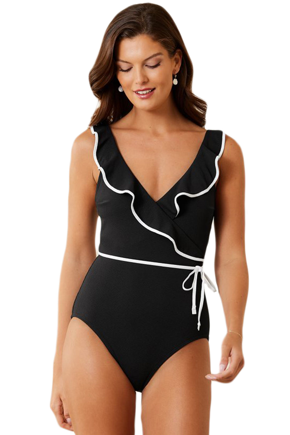 Black Color Contrast Ruffled Wrap V Neck Swimsuit - MAD RUFFI