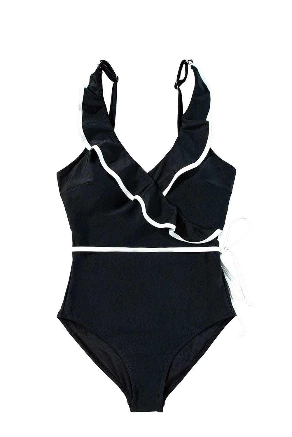 Black Color Contrast Ruffled Wrap V Neck Swimsuit - MAD RUFFI