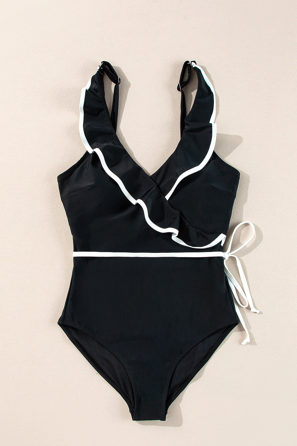 Black Color Contrast Ruffled Wrap V Neck Swimsuit - MAD RUFFI