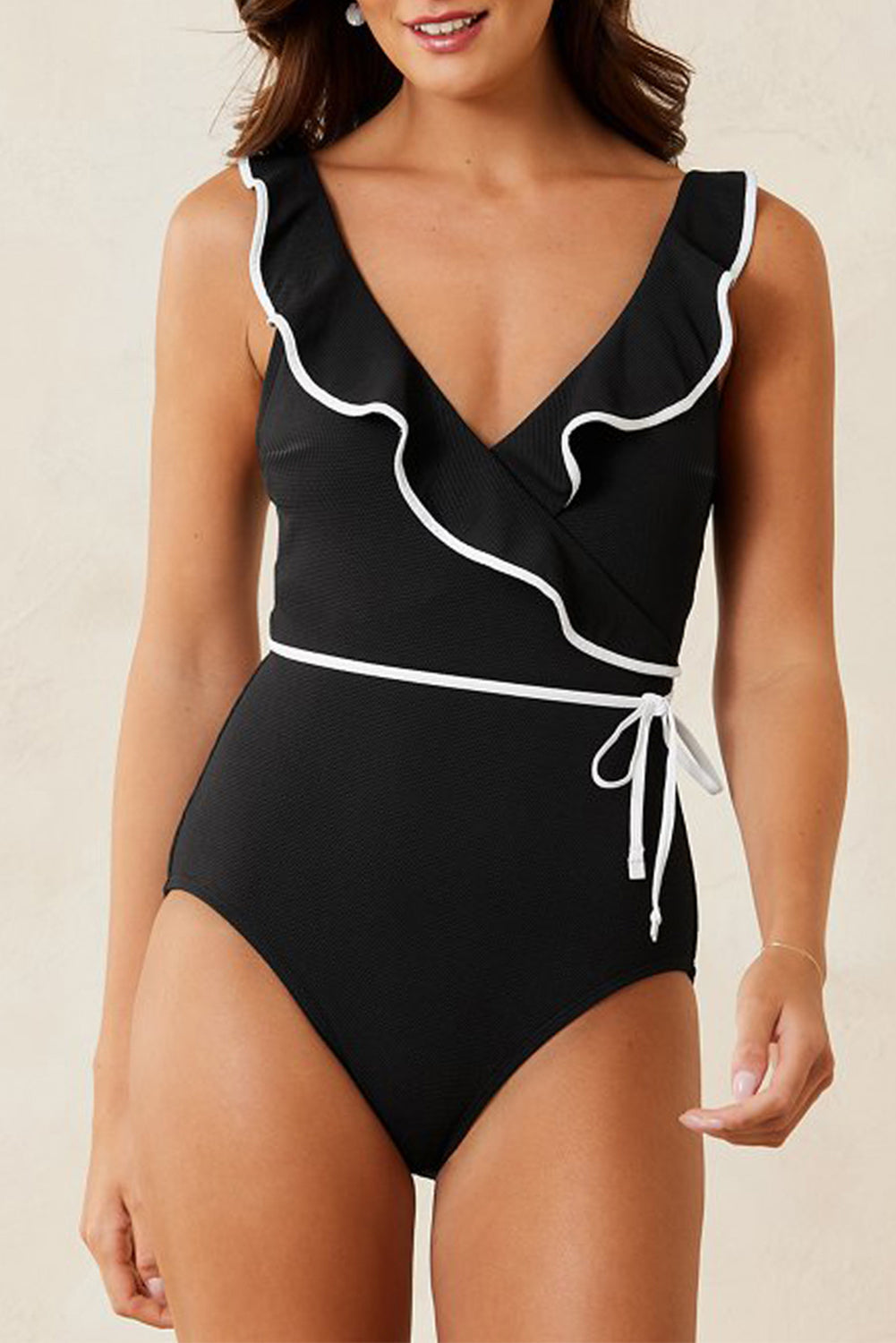 Black Color Contrast Ruffled Wrap V Neck Swimsuit - MAD RUFFI