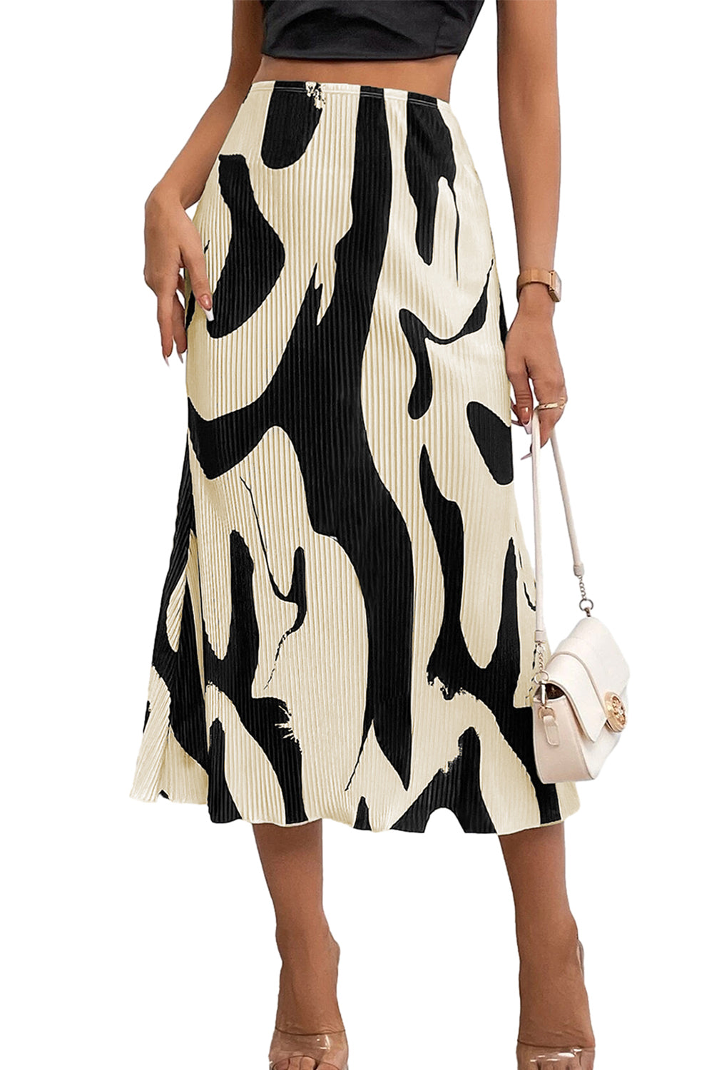 Black Colorblock Abstract Print Pleated Midi Skirt - MAD RUFFI