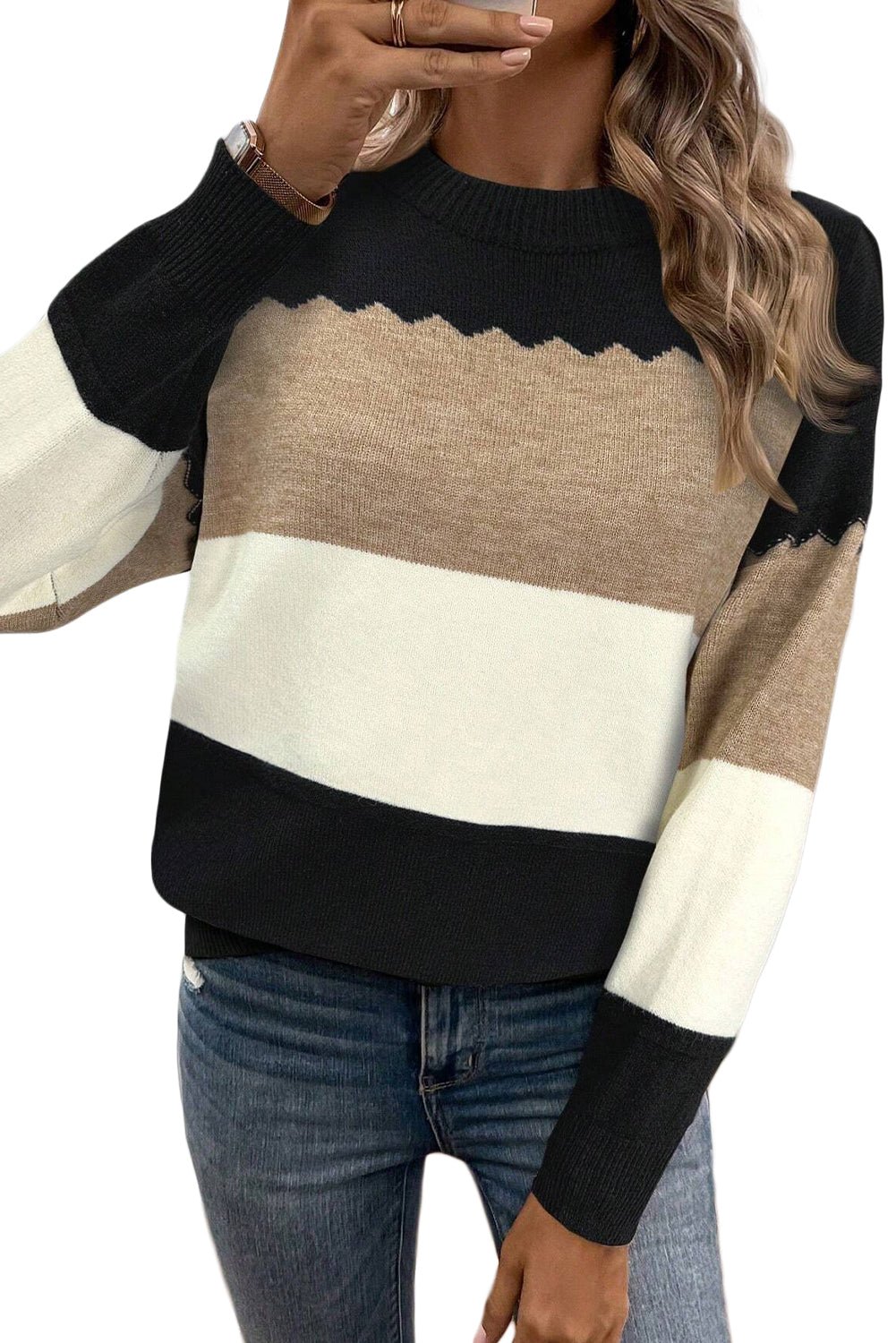 Black Colorblock Crew Neck Drop Shoulder Sweater - MAD RUFFI