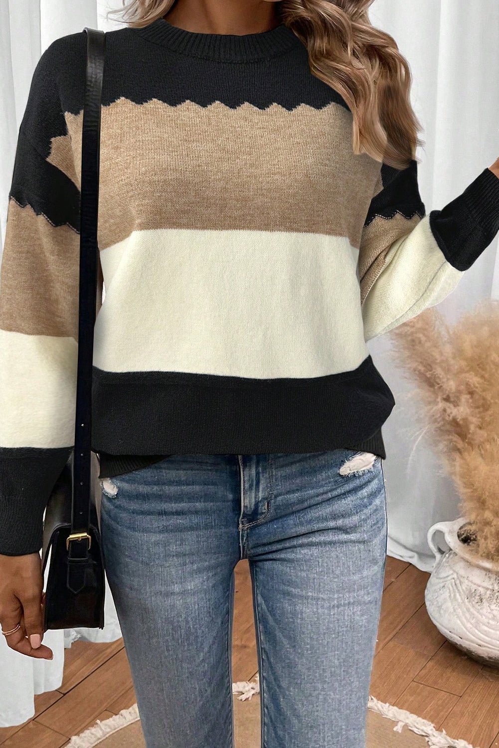 Black Colorblock Crew Neck Drop Shoulder Sweater - MAD RUFFI